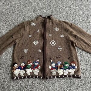 Designers Originals Studio brown zip-up cardigan‎ sweater Large Snowmen Winter